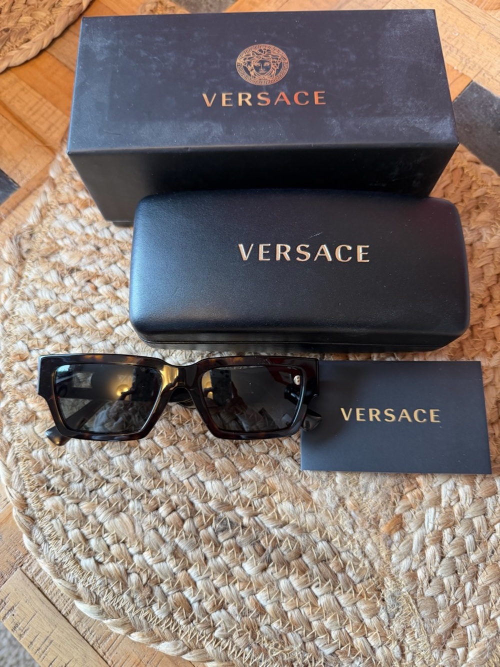 Versace Women’s Black Tortoiseshell Rectangular Sunglasses